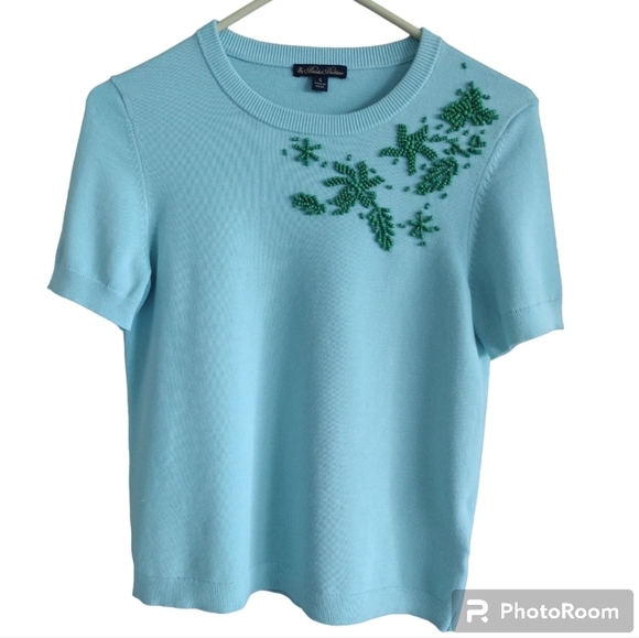 Brooks Brothers Short Sleeve Blue Green Aqua Beaded Knit Crew Neck Sweat… - Picture 15 of 15